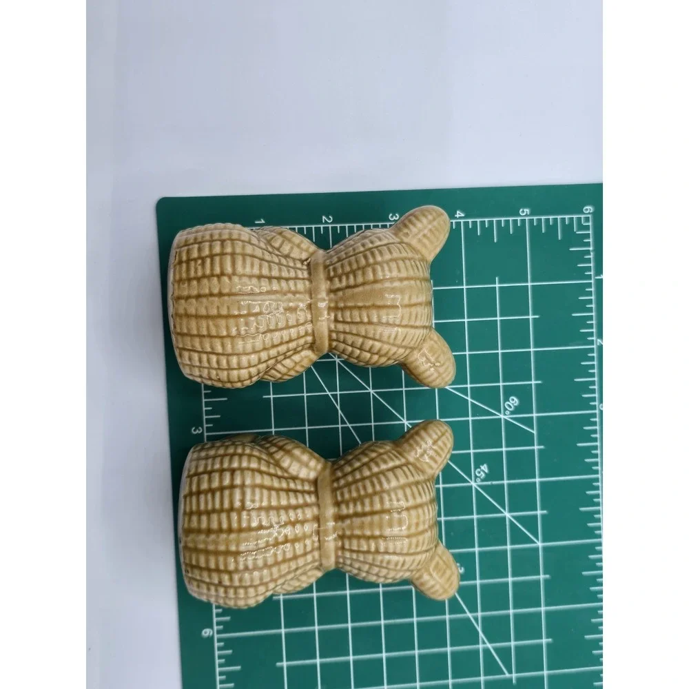 Vintage Ceramic Teddy Bear Salt Pepper Shakers Brown Quilted Look With Black Bow